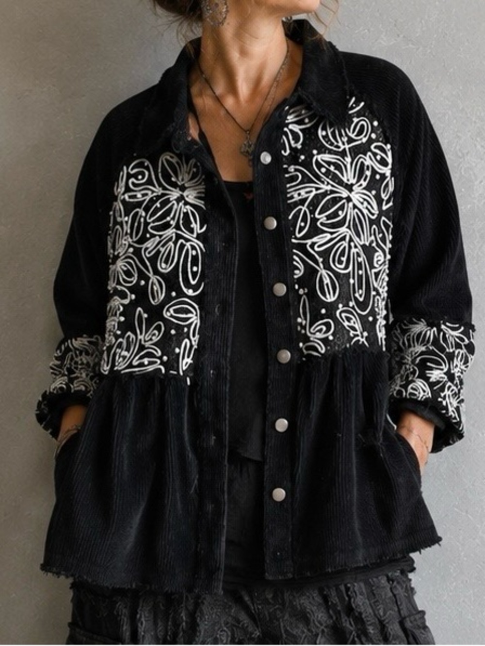 POL Pearled Floral Embroidered Corduroy Jacket Shacket L Artsy Lagenlook